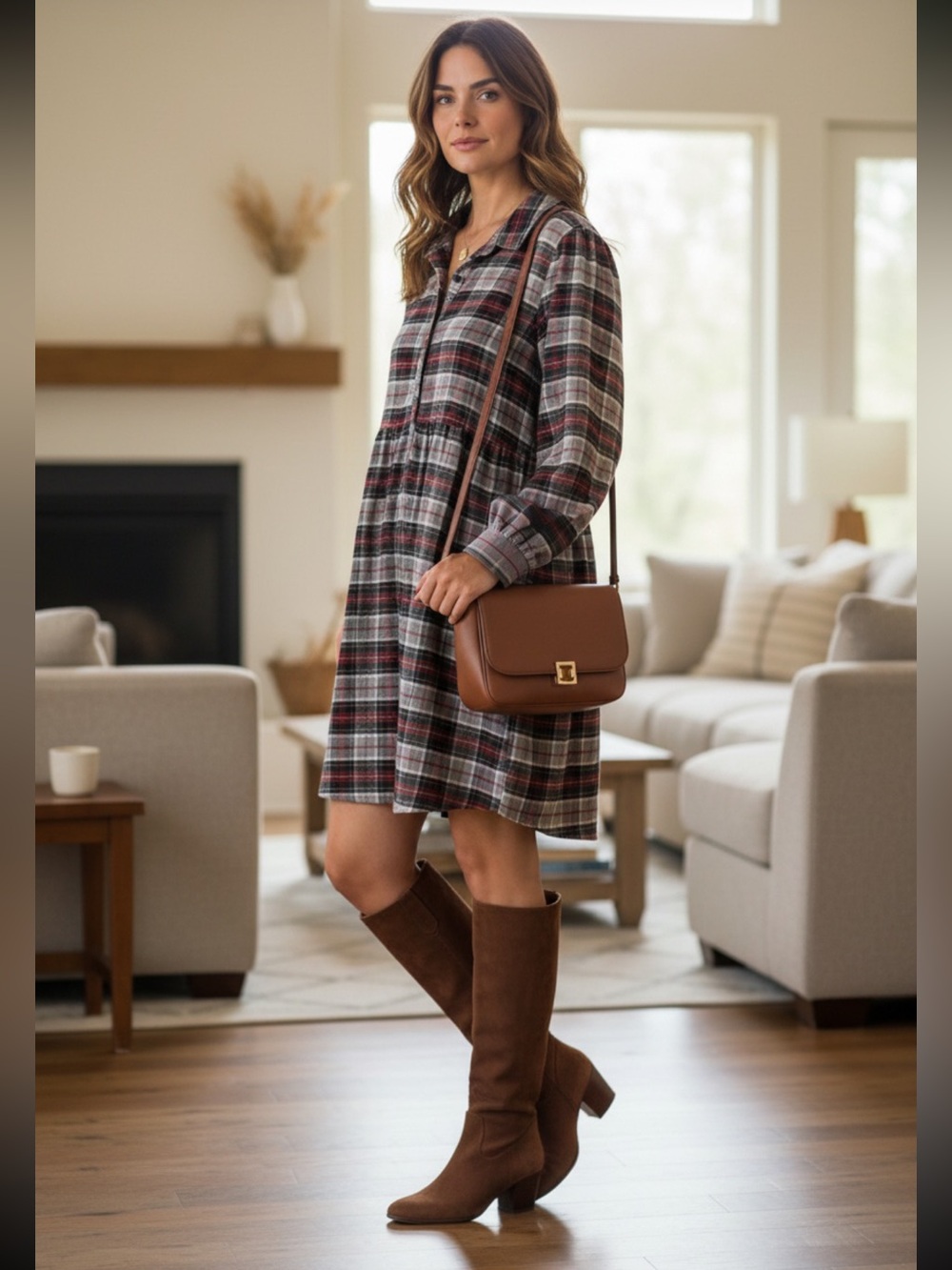 Copper Key Plaid Red Black & Grey Long-Sleeve Shirt Dress